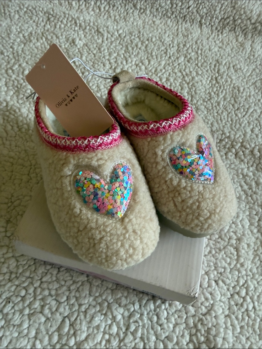 Olivia & Kate Cream Sherpa Girls' Slip-On Slippers with Pink Sequin Accent